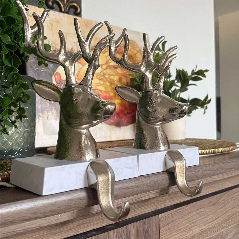 Crate & Barrel Silver Reindeer Bust Stocking Holders, Set Of 2